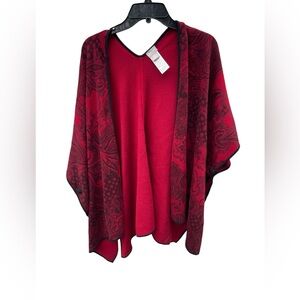 Chicos Red Black Paisley Print V Neck Poncho Sweater Wrap One Size